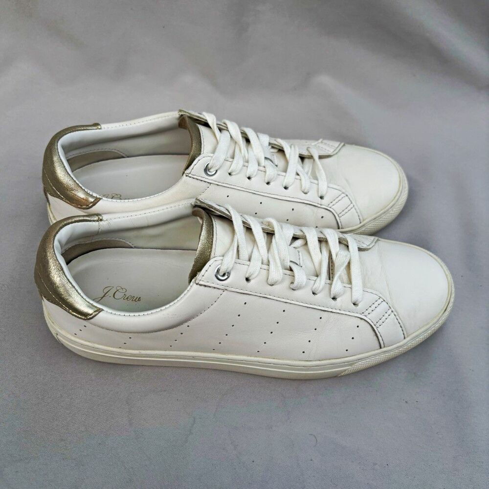 J.Crew Woman’s Leather Lace-Up Sneakers White/Silver Metallic Accent US 9
